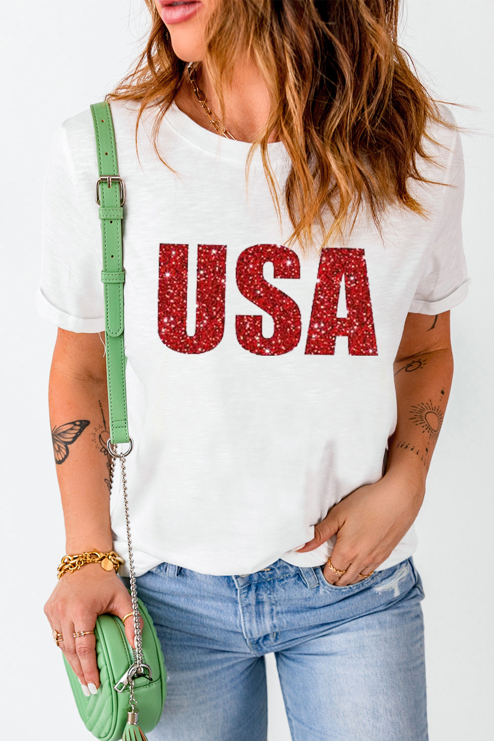 USA Glitter Pattern Print Short Sleeve T Shirt