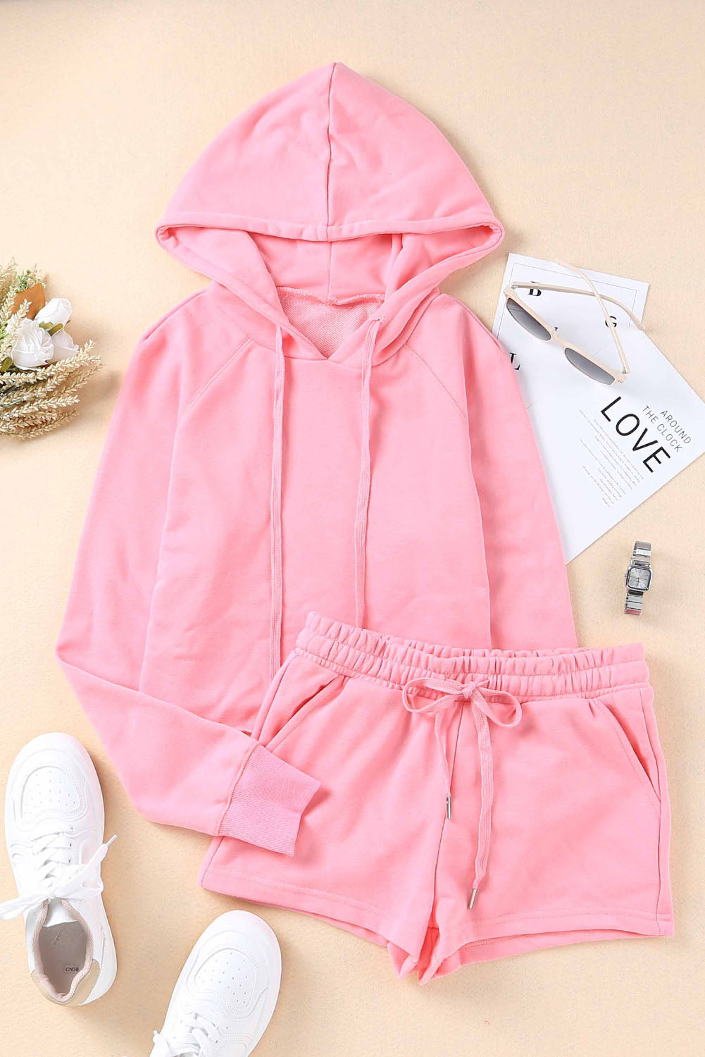 Cropped Hoodie and Drawstring High Waist Shorts Set