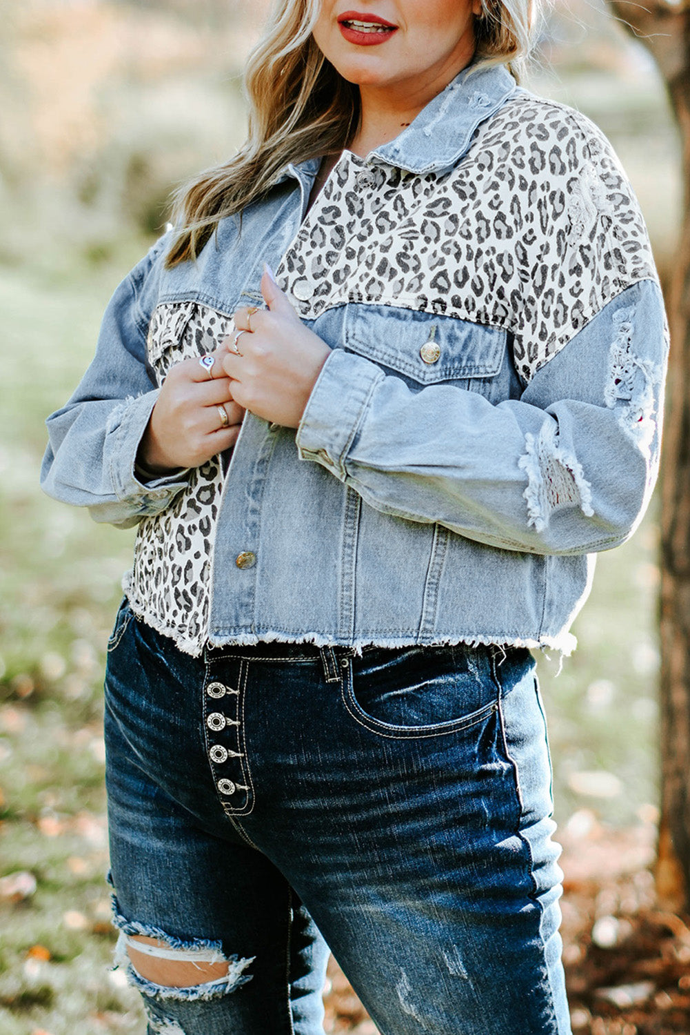 Plus Size Leopard Ripped Cropped Denim Jacket