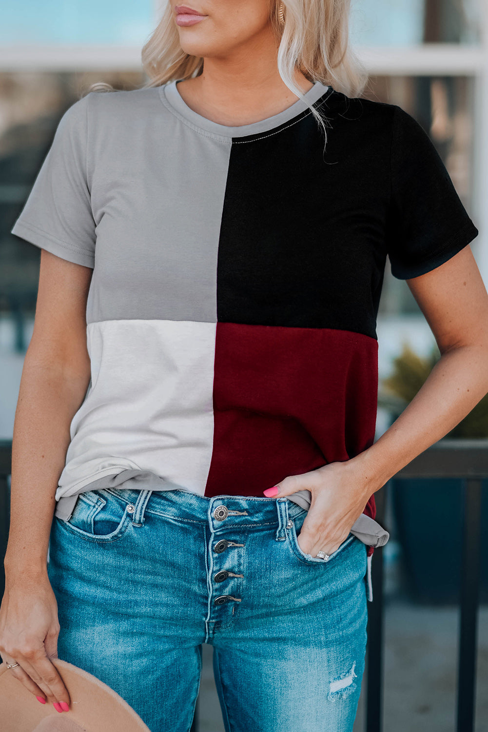 Wine Red Colorblock T-shirt with Slits