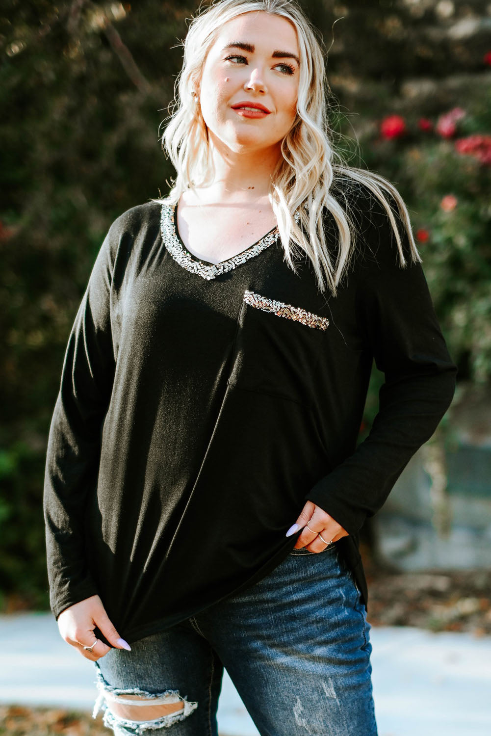 Long Sleeve Sequined V Neck Plus Size Top