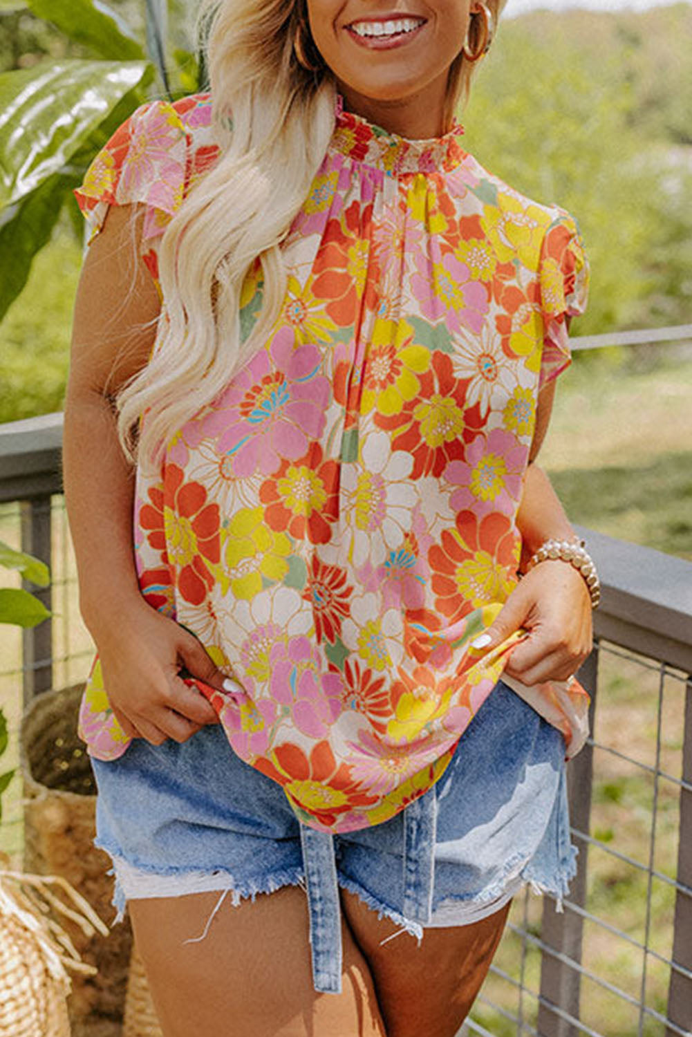 Multicolor Plus Size Mock Neck Ruffle Sleeve Floral Blouse