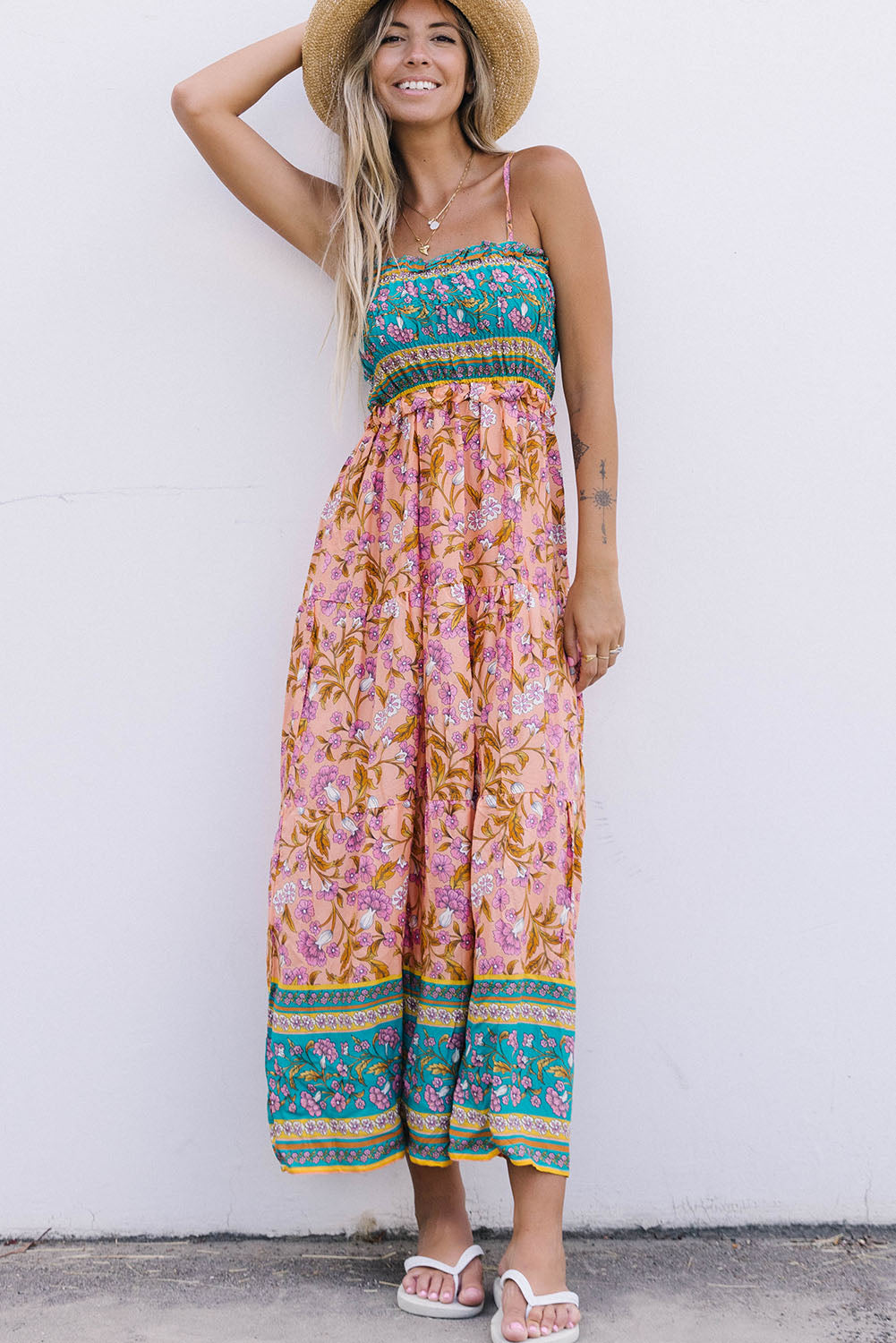 Floral Print Bodice Spaghetti Strap Maxi Dress