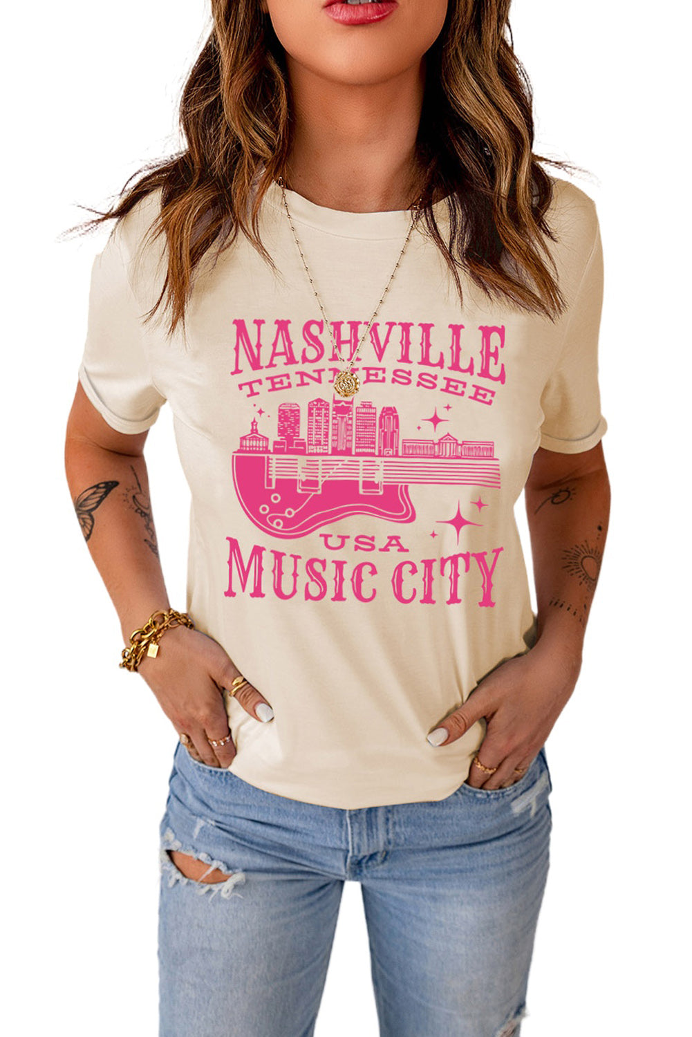 Khaki Nashville Music City Graphic Print Short Sleeve T Shirt