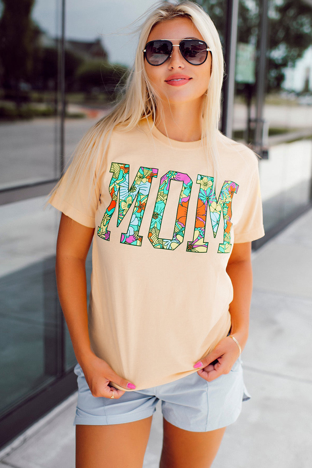 Khaki MOM Floral Letter Print T Shirt