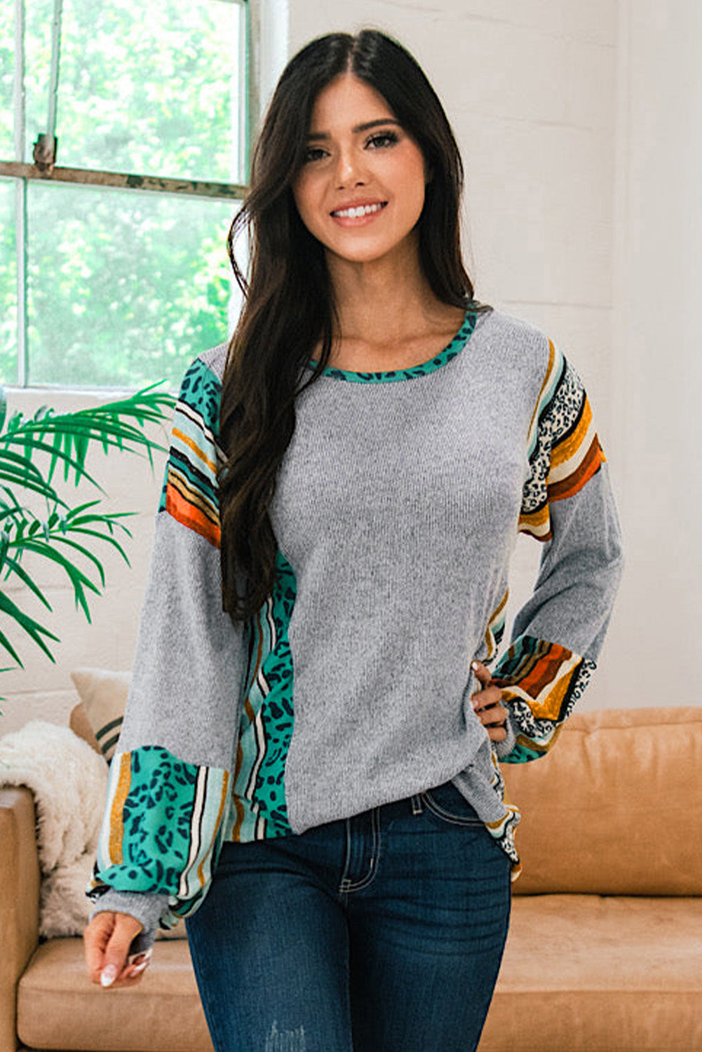 Leopard Serape Drop Shoulder Bubble Sleeves Knit Top