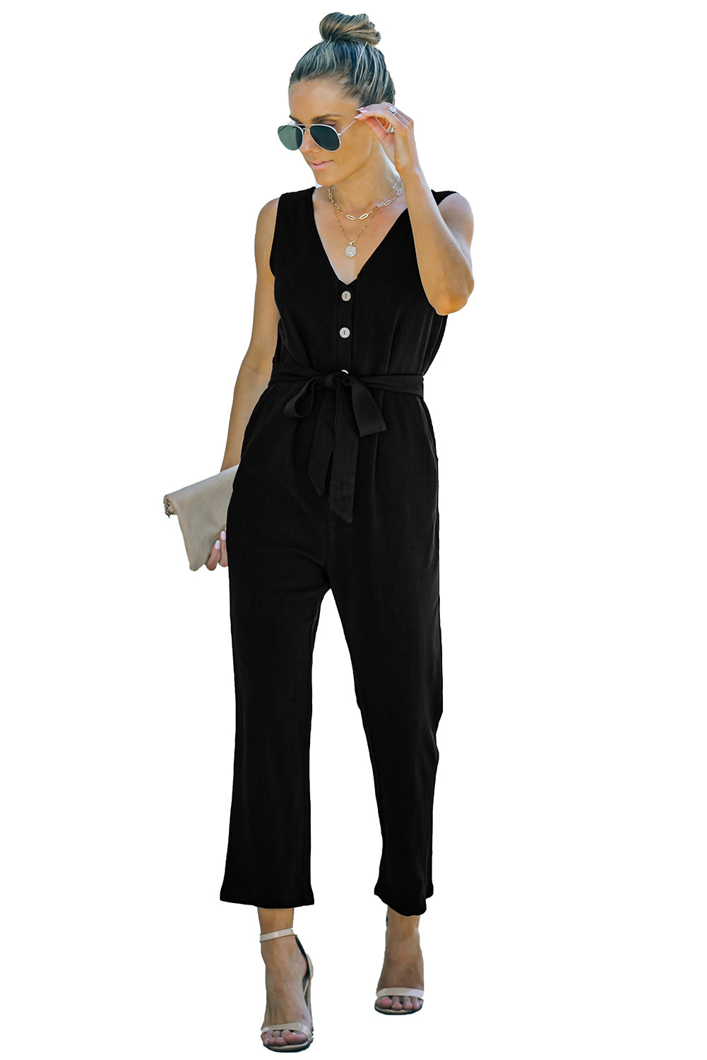 V Neck Button Belted Jumpsuit with Pockets