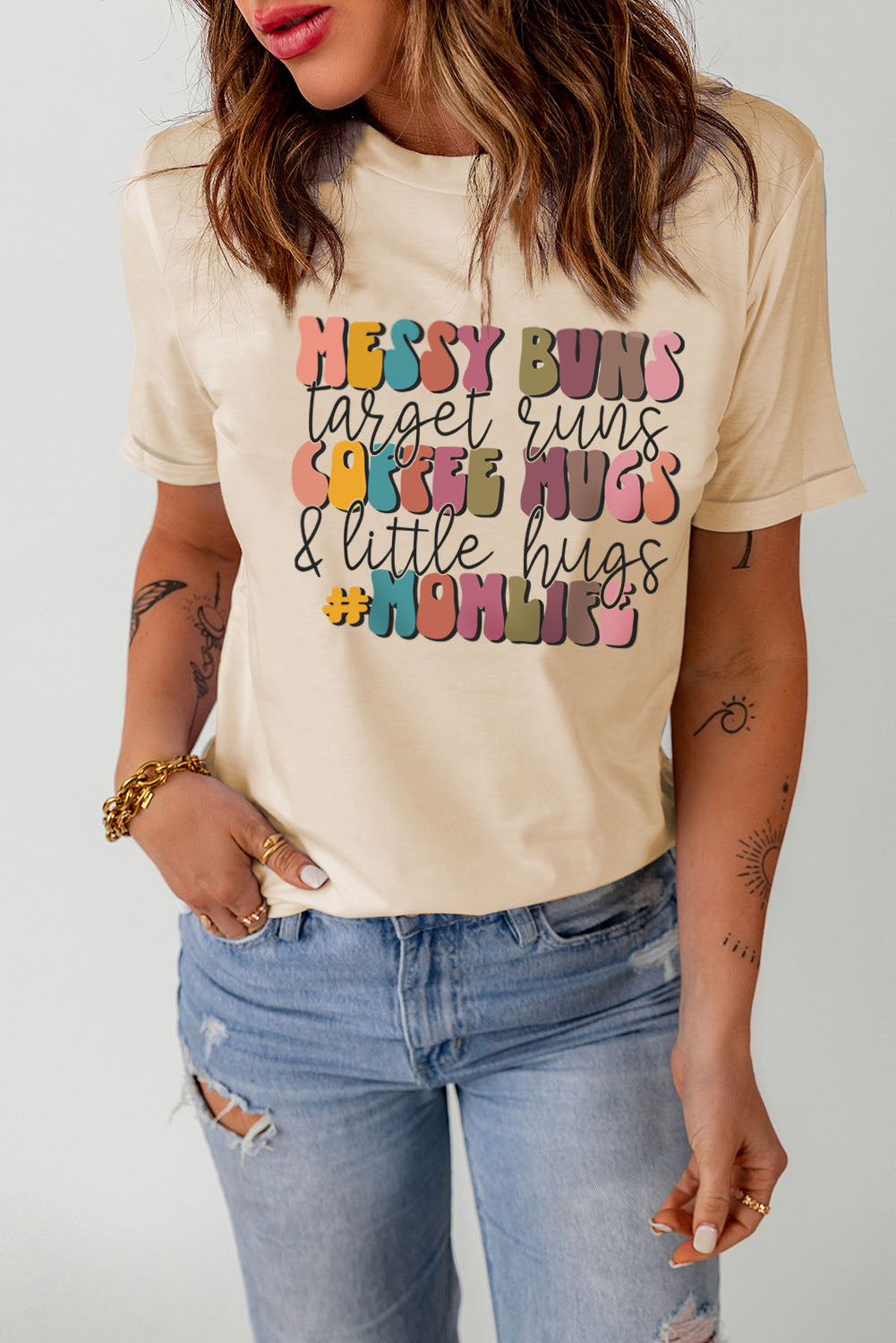 Khaki MOMLIFE Slogan Graphic Print Crew Neck T Shirt