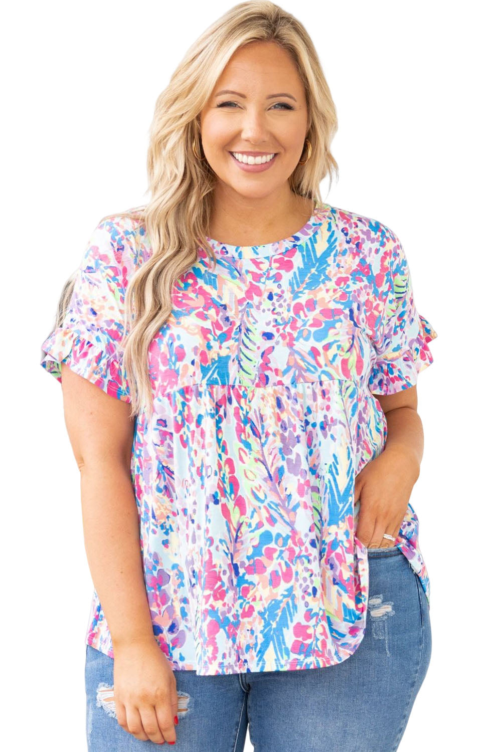 Vibrant Botanical Print Frill Short Sleeve Plus Size Top