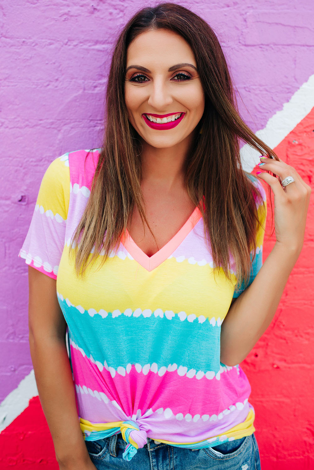 Striped Color Block V Neck T Shirt