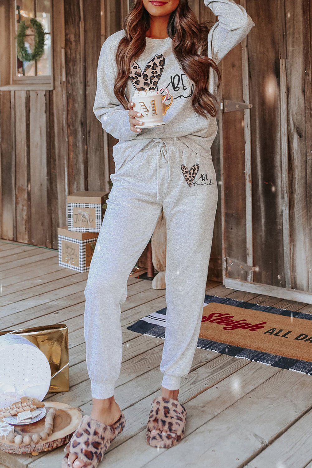 BE Kind Leopard Heart Graphic Pullover and Joggers Lounge Set