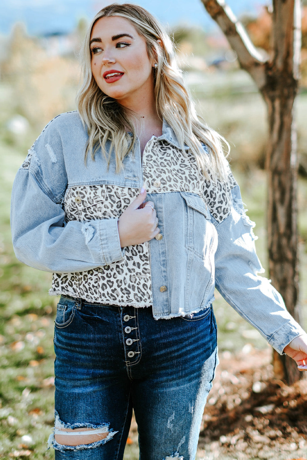 Plus Size Leopard Ripped Cropped Denim Jacket