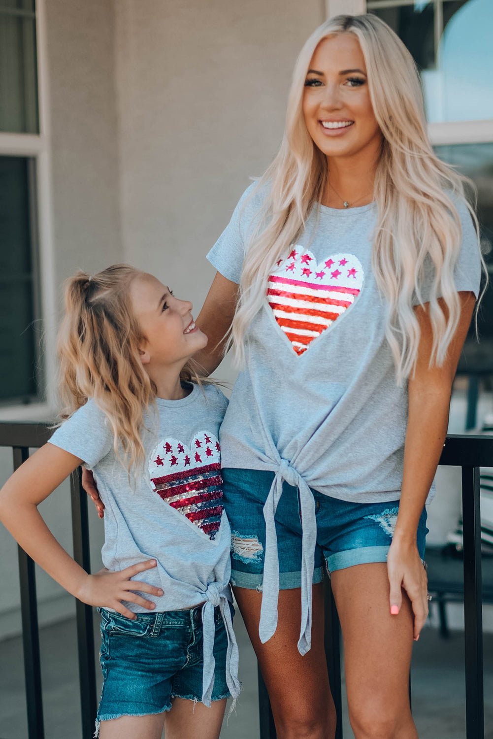 Mommy Patriotic Flag Sequin Heart Applique Knot Top