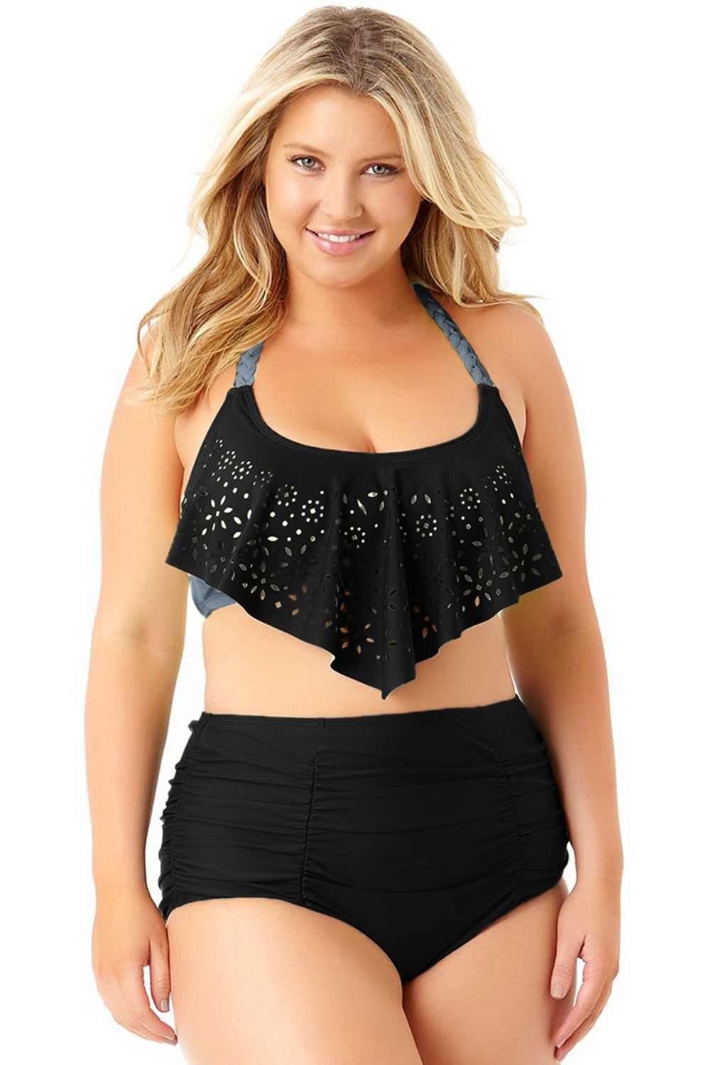 Allure Juniors Plus Size Laser Cut Flounce Swimwear