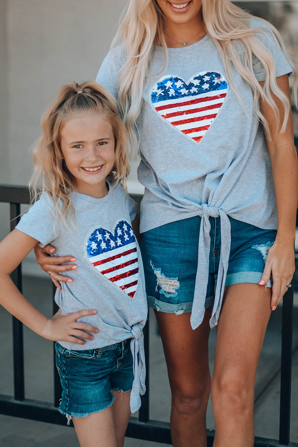 Mommy Patriotic Flag Sequin Heart Applique Knot Top