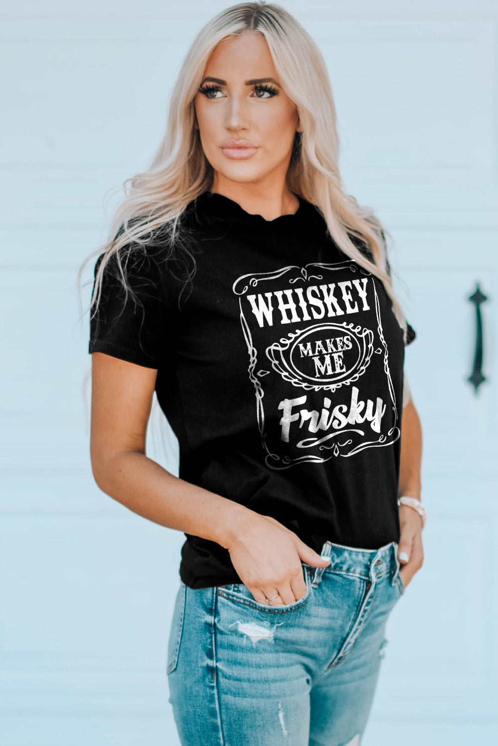 WHISKEY Makes Me Frisky Print Crewneck Graphic Tee