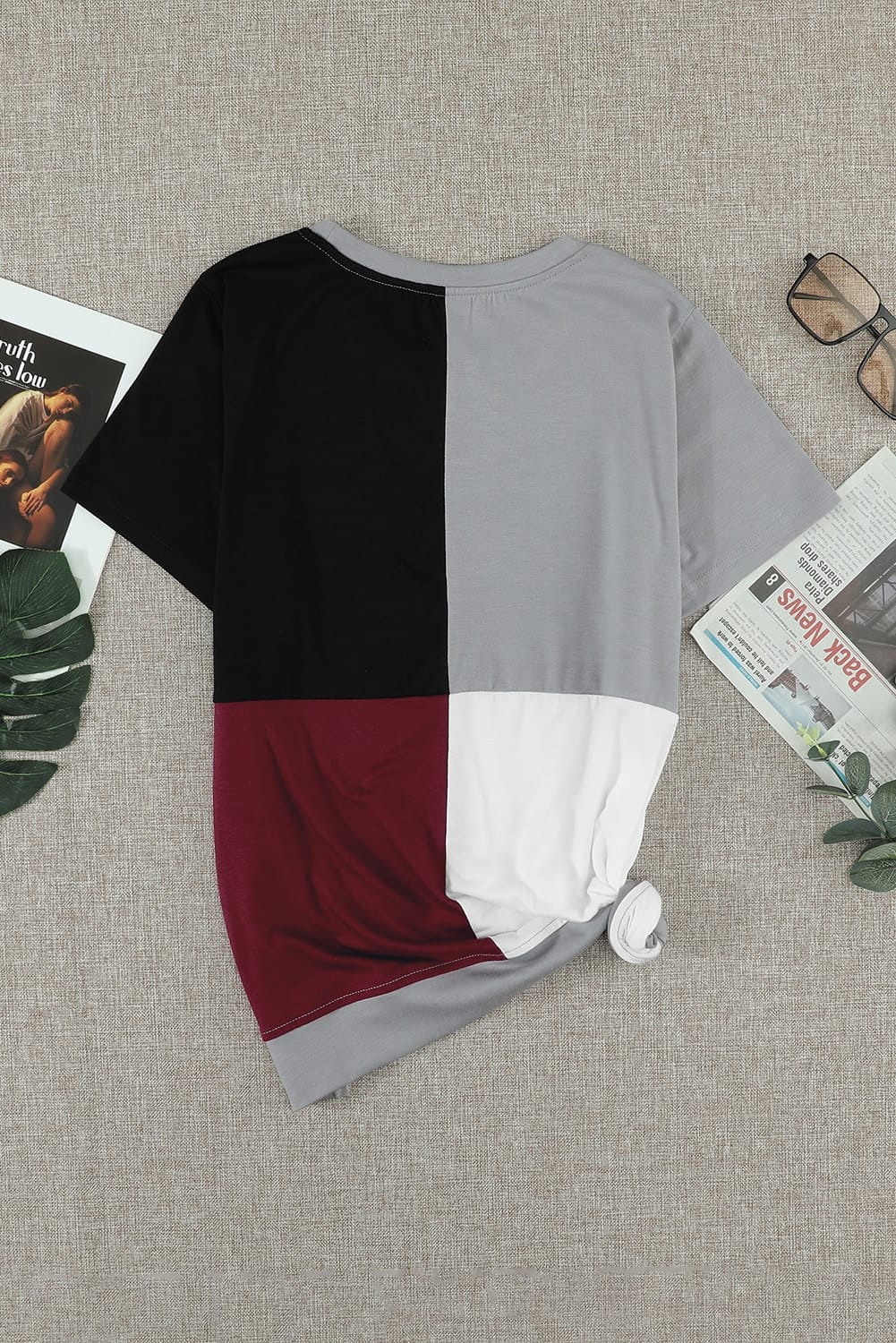 Wine Red Colorblock T-shirt with Slits