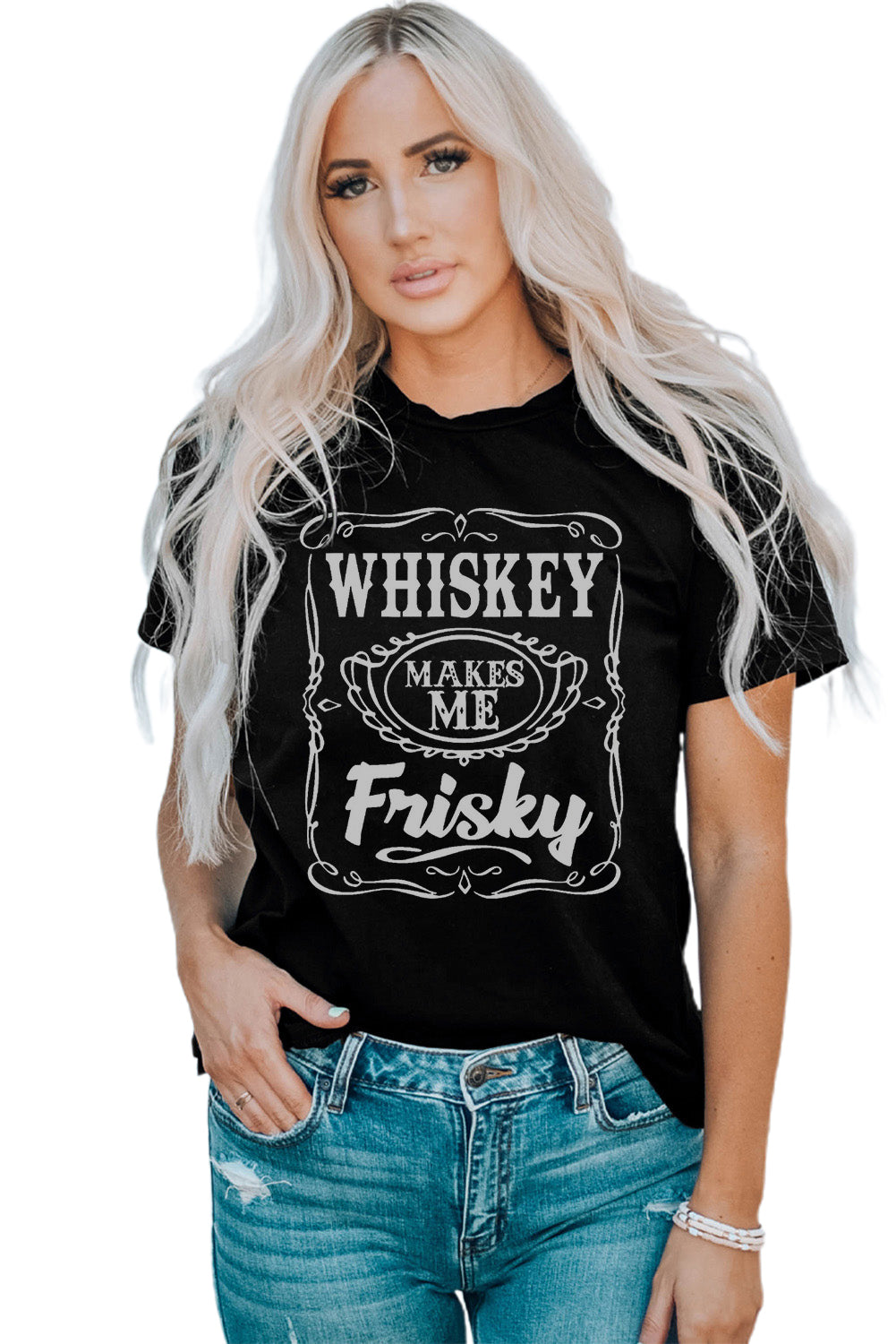 WHISKEY Makes Me Frisky Print Crewneck Graphic Tee