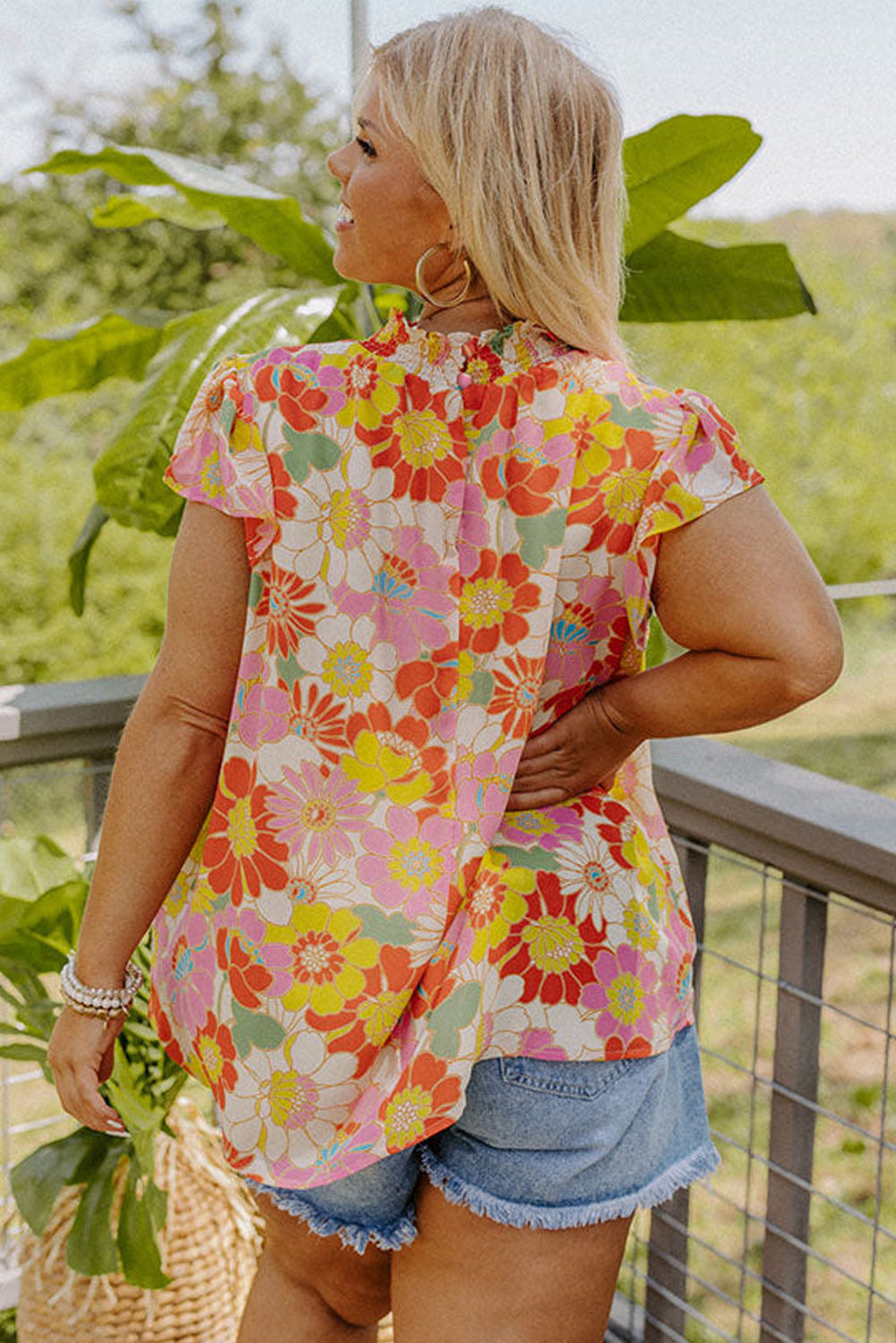 Multicolor Plus Size Mock Neck Ruffle Sleeve Floral Blouse