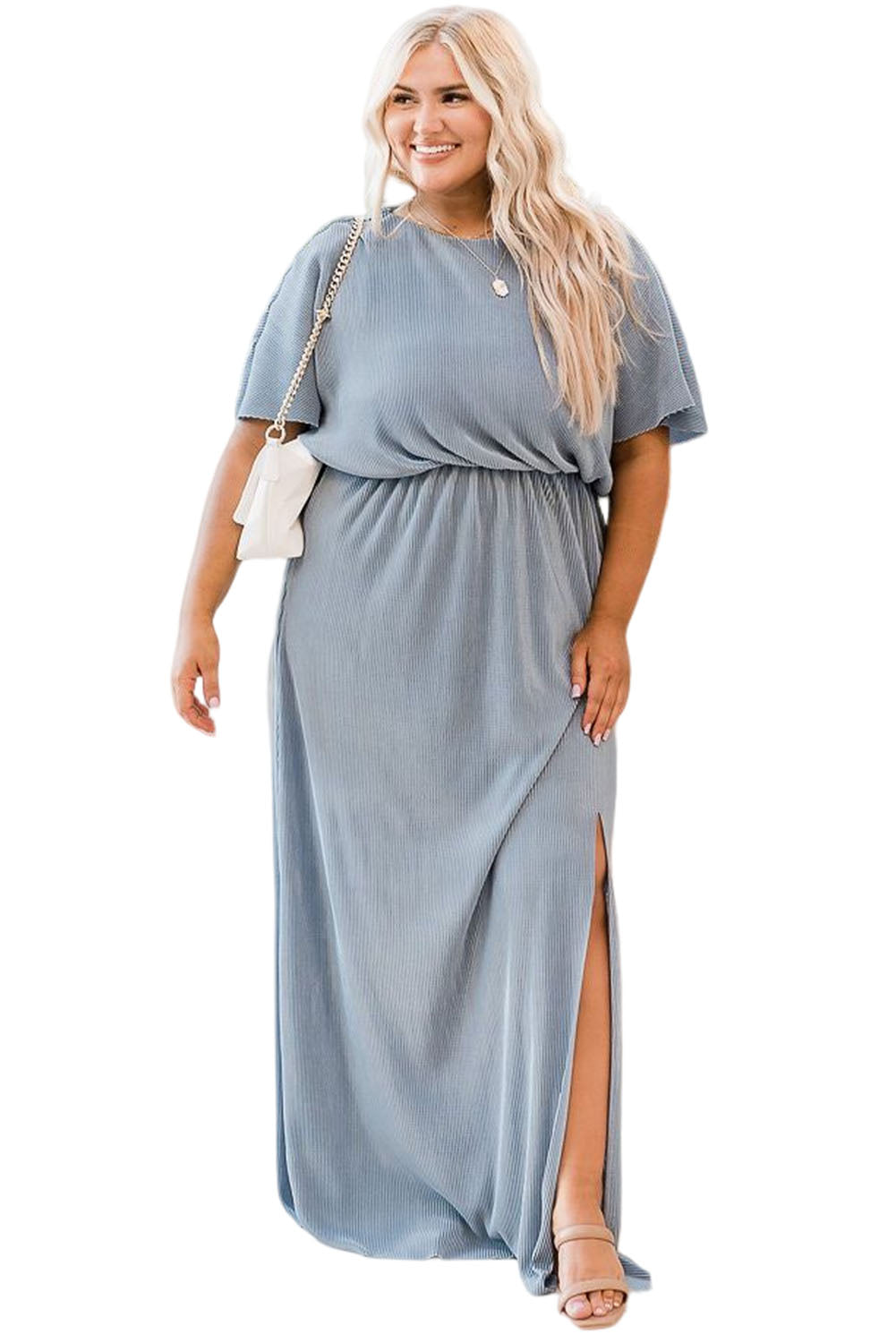 Plus Size Short Sleeves Rib Knit Maxi Dress with Slit