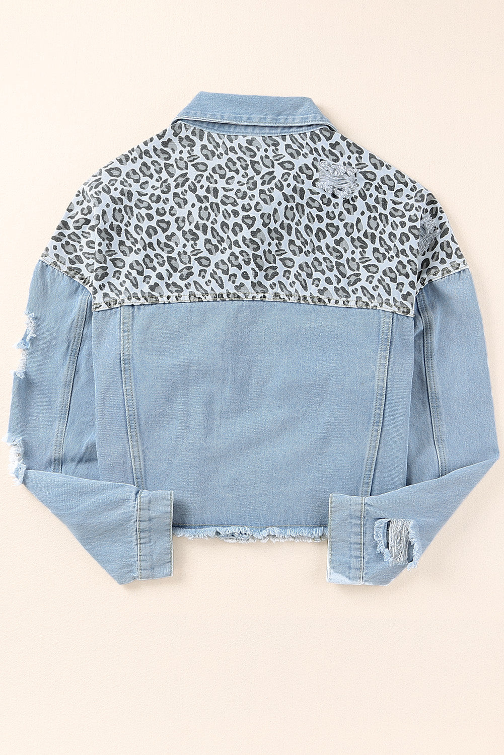 Plus Size Leopard Ripped Cropped Denim Jacket