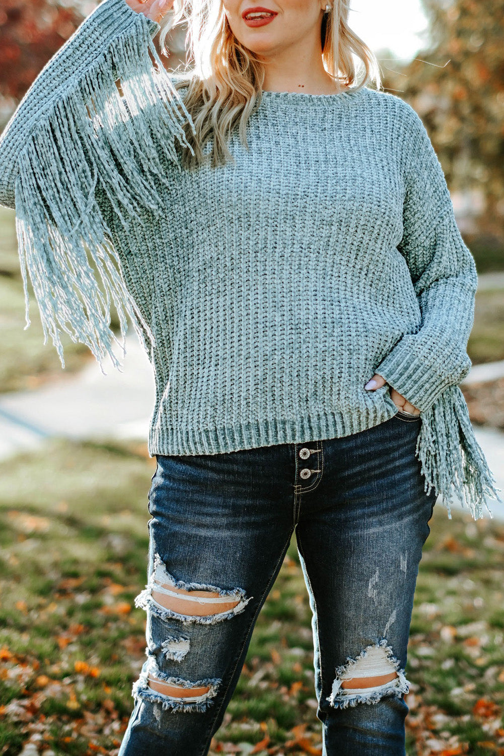 Plus Size Fringed Long Sleeve Knit Sweater