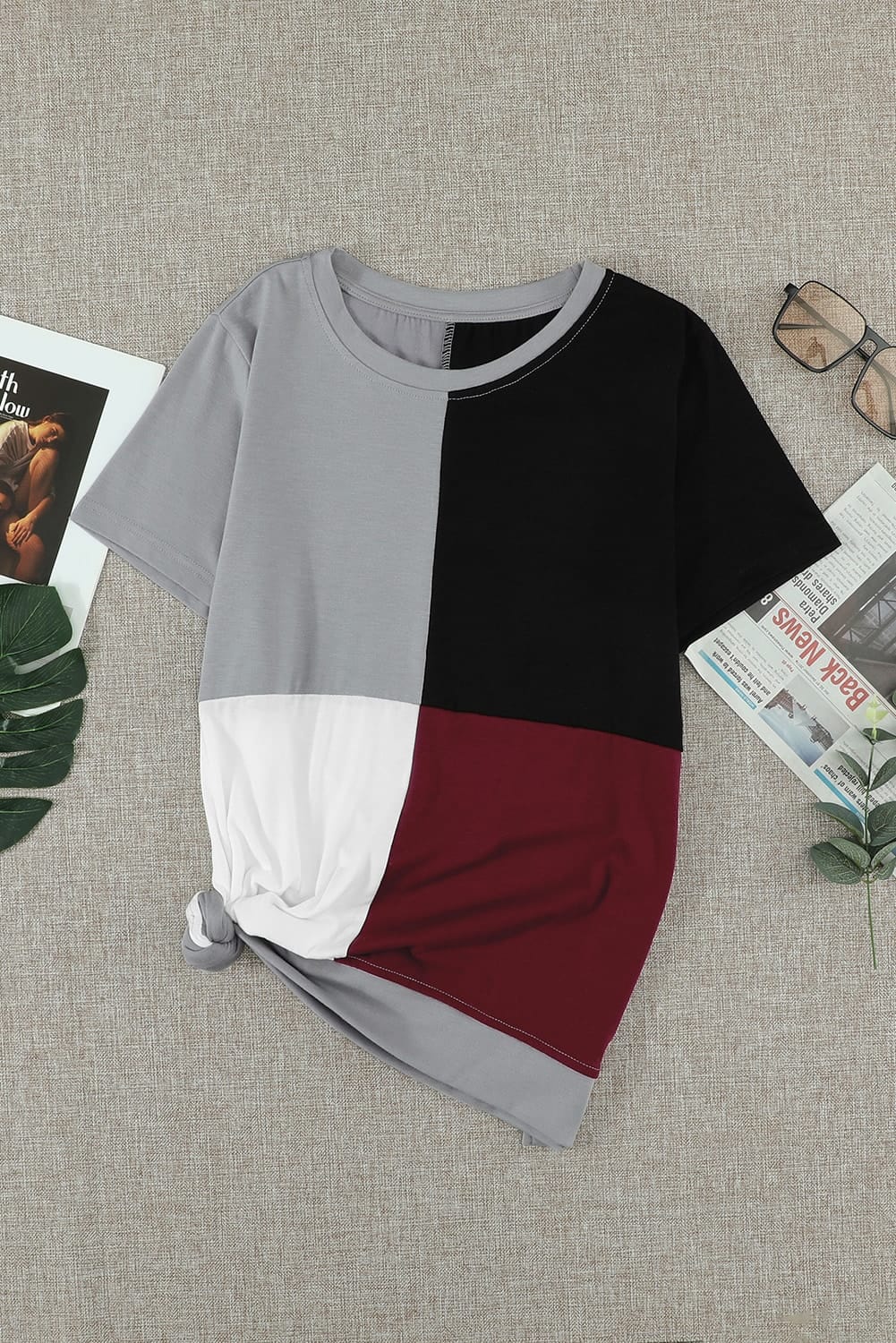 Wine Red Colorblock T-shirt with Slits