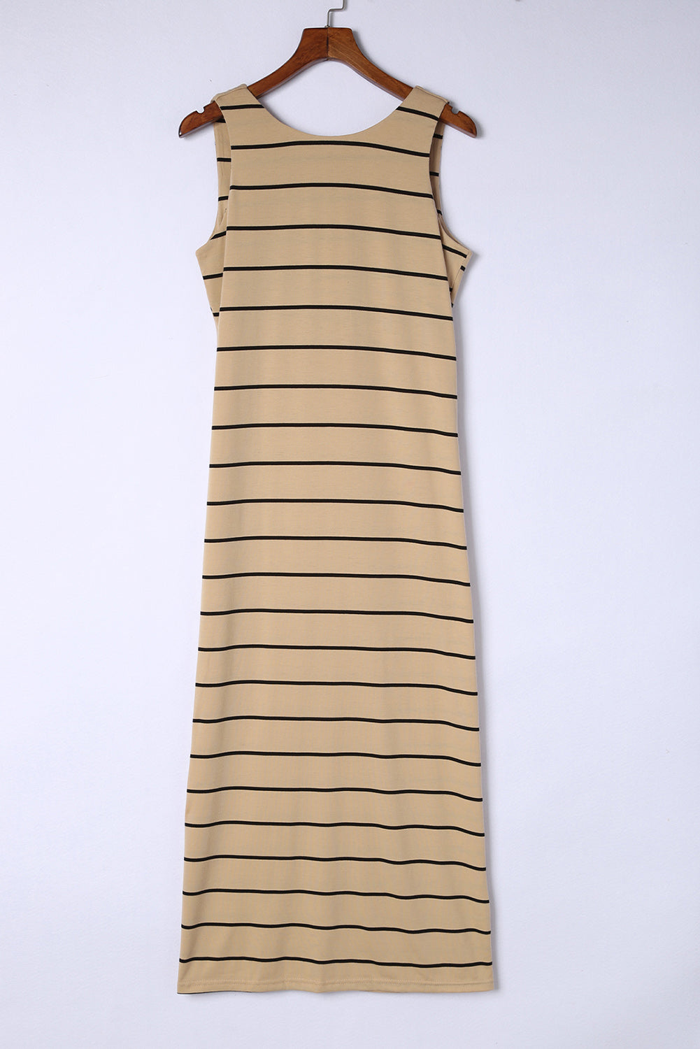 Khaki Stripe Print Open Back Sleeveless Maxi Dress with Slits
