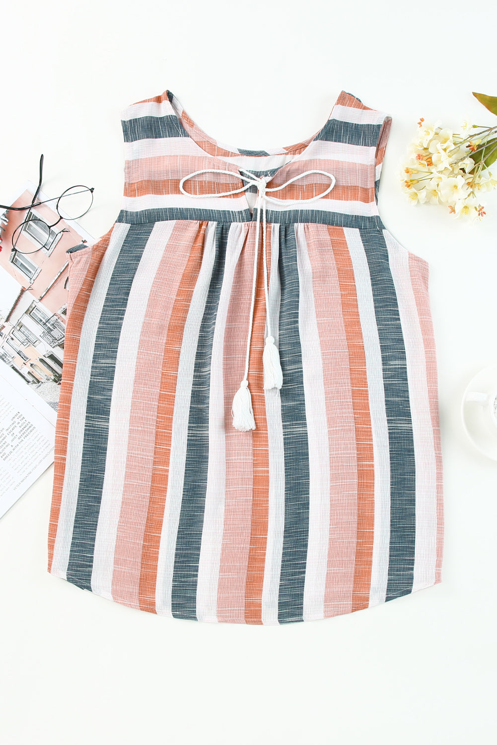 Multicolor Split V Neck Striped Print Tank Top