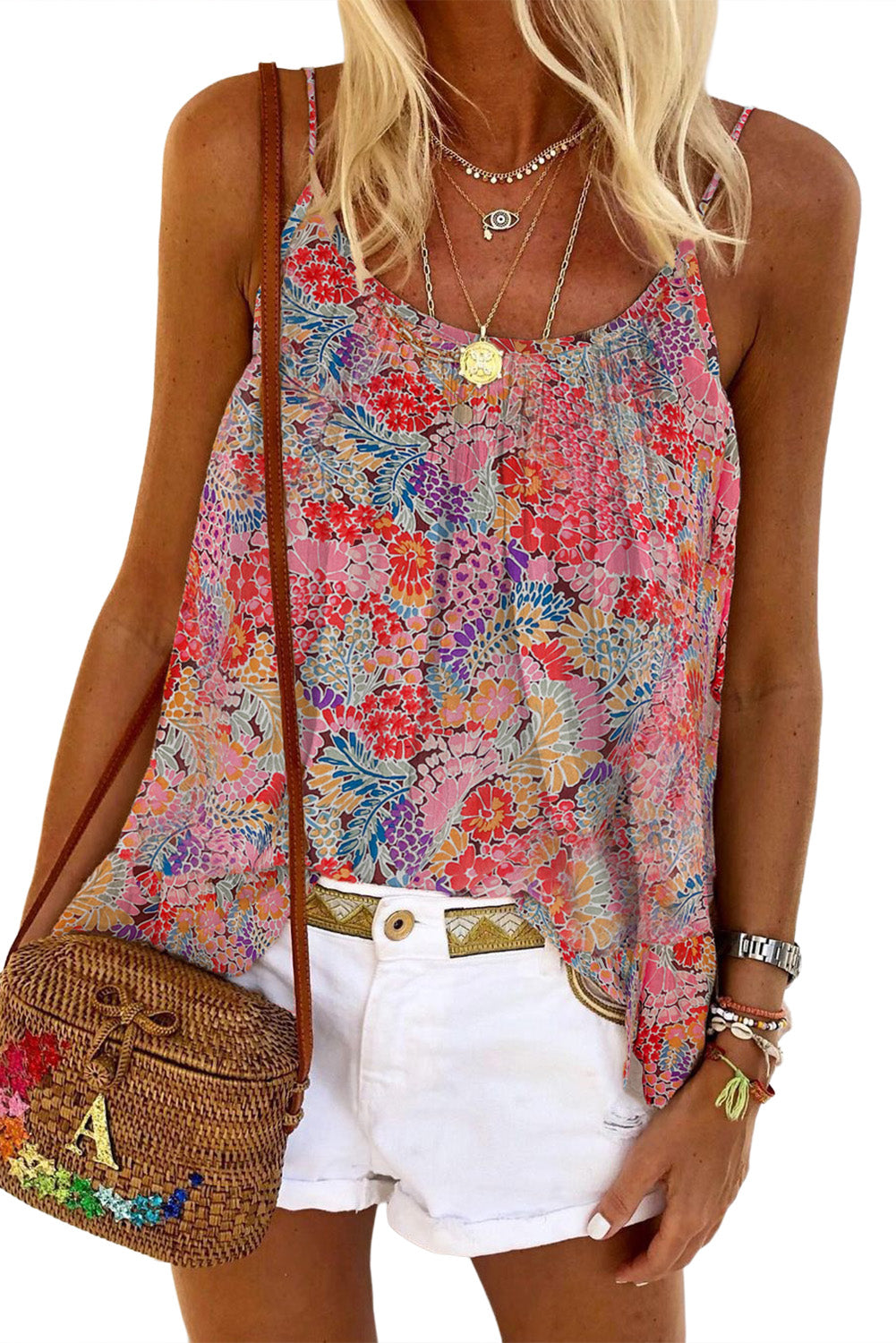 Multicolor Spaghetti Straps Floral Print Sleeveless Top