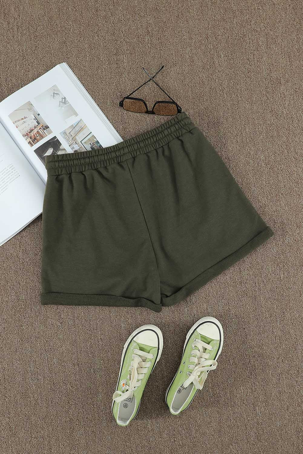 Tie Waist Side Pockets Cuffed Lounge Shorts