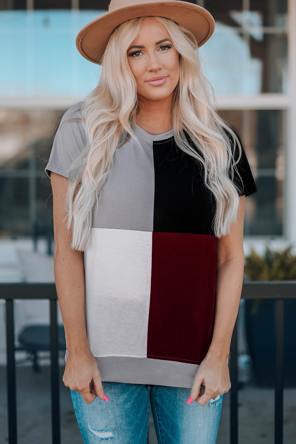 Wine Red Colorblock T-shirt with Slits