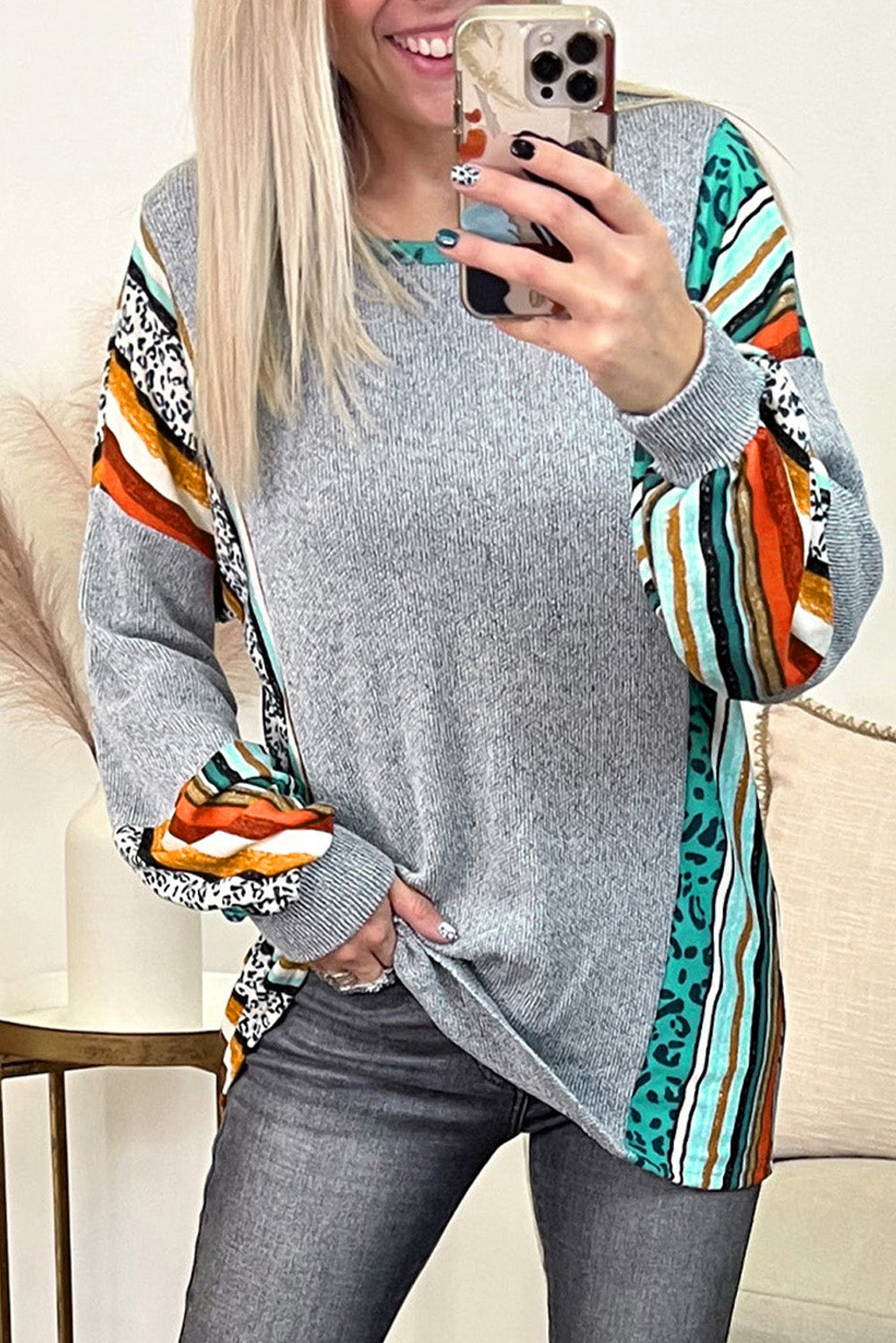 Leopard Serape Drop Shoulder Bubble Sleeves Knit Top