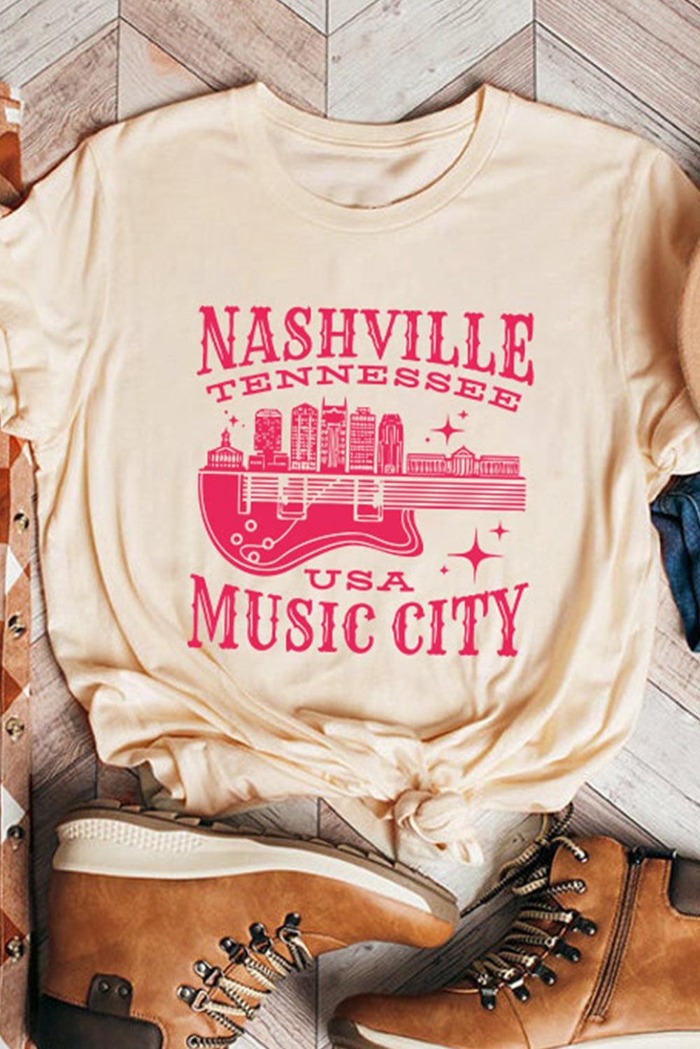 Khaki Nashville Music City Graphic Print Short Sleeve T Shirt