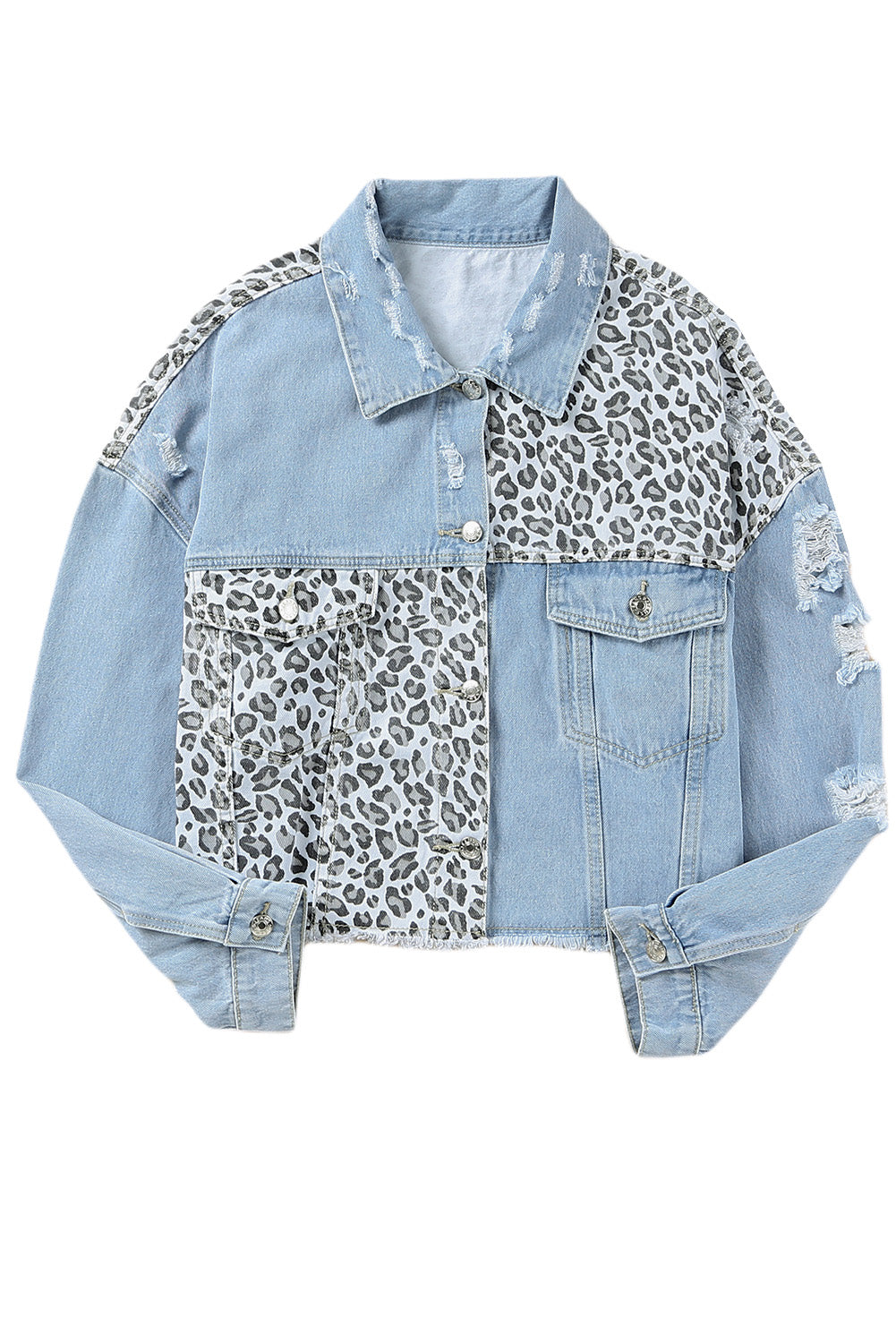 Plus Size Leopard Ripped Cropped Denim Jacket