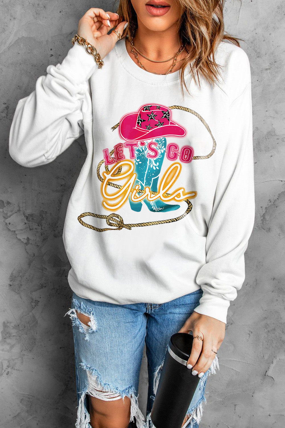 Beige Lets Go Girls Hat Boots Graphic Print Pullover Sweatshirt