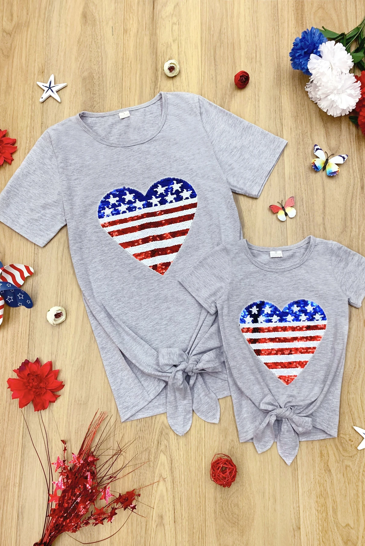 Mommy Patriotic Flag Sequin Heart Applique Knot Top