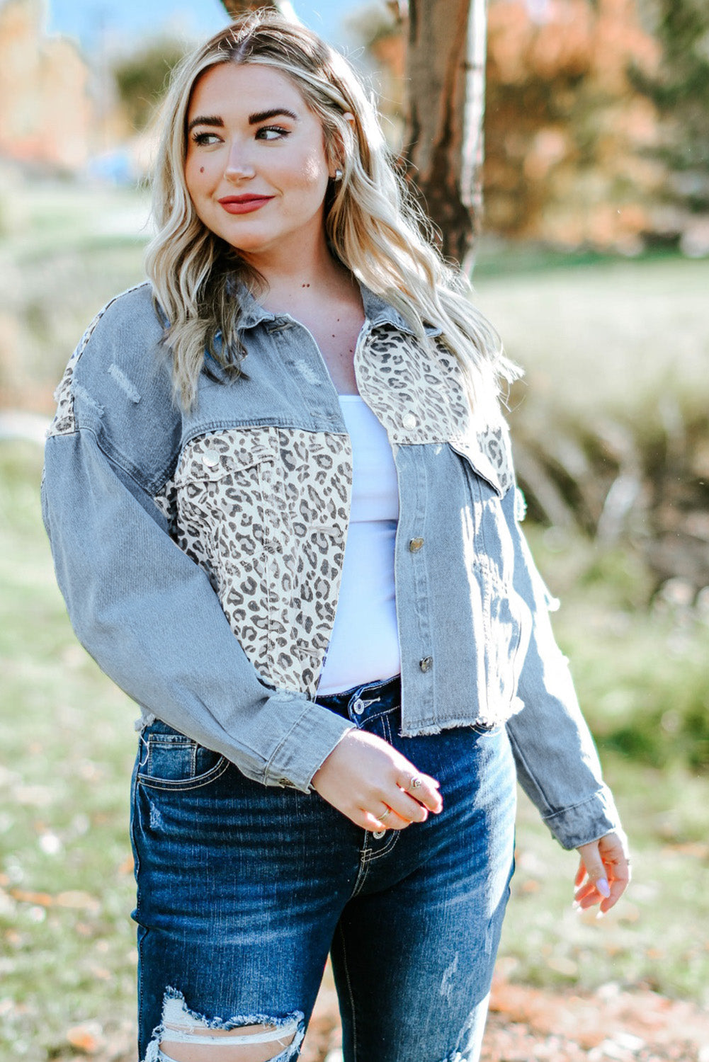 Plus Size Leopard Ripped Cropped Denim Jacket