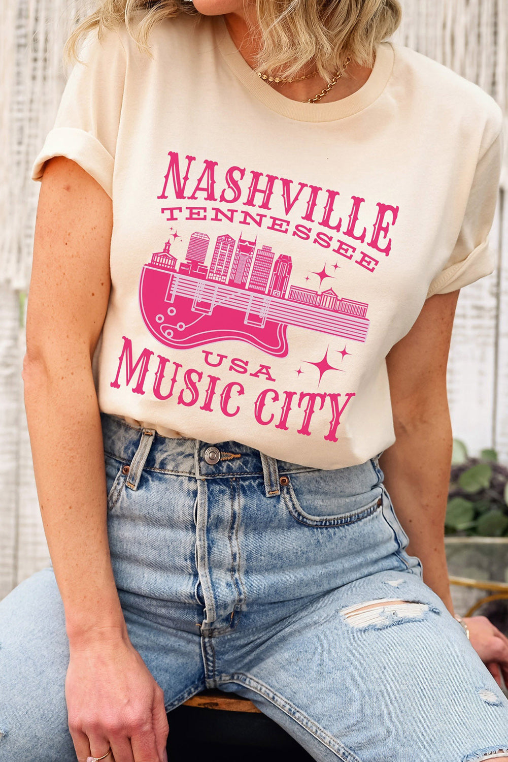 Khaki Nashville Music City Graphic Print Short Sleeve T Shirt