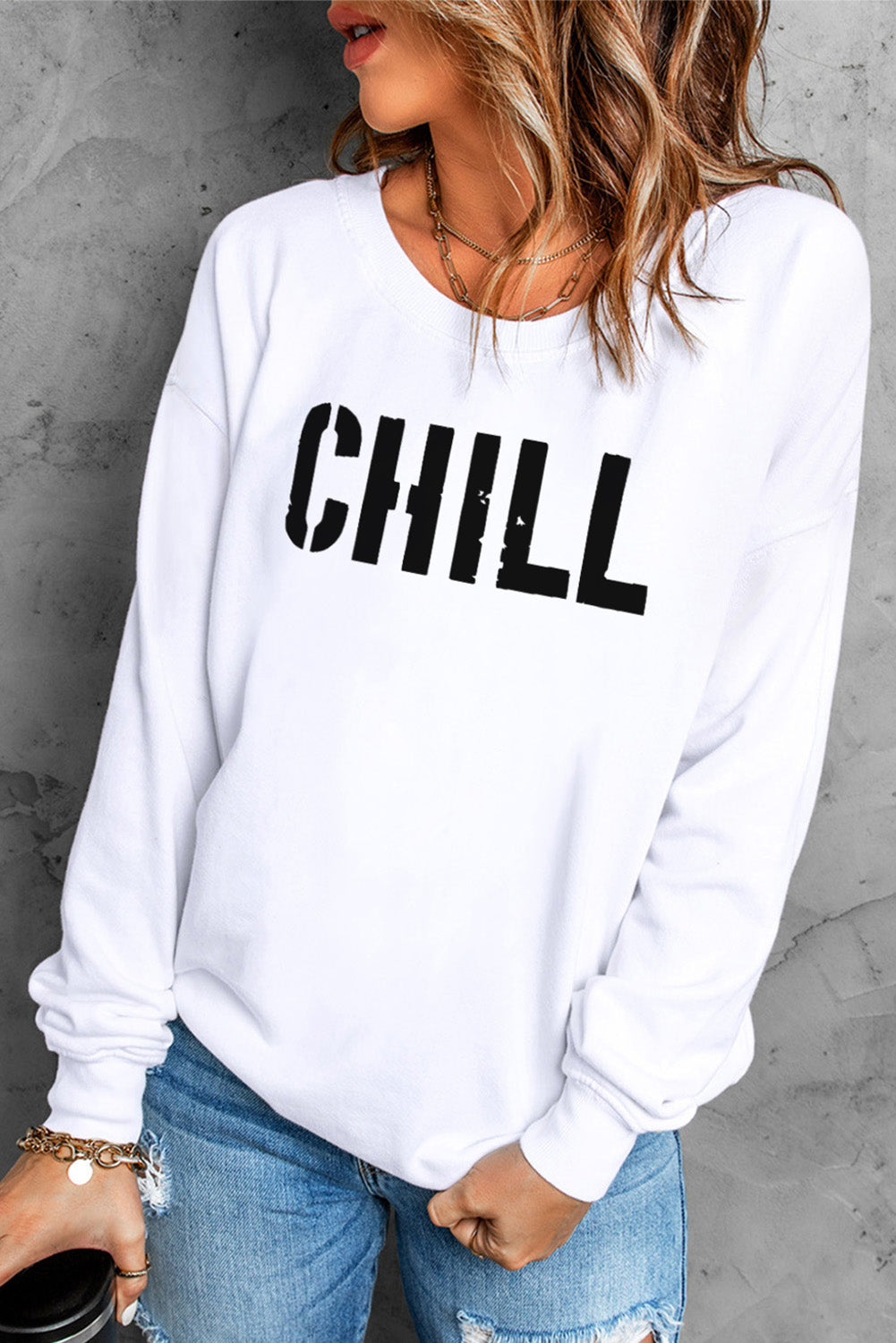 Contrast Trim CHILL Letters Pattern Sweatshirt