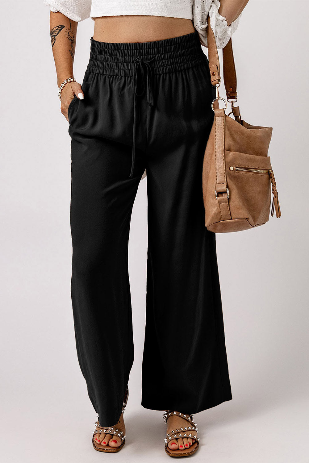 Drawstring Elastic Waist Casual Wide Leg Pants