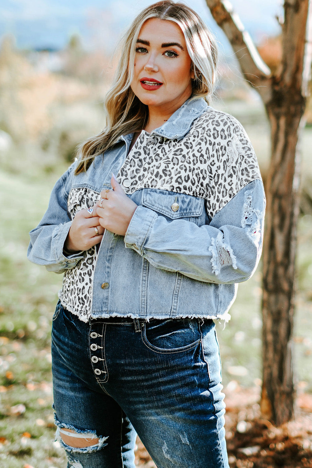 Plus Size Leopard Ripped Cropped Denim Jacket