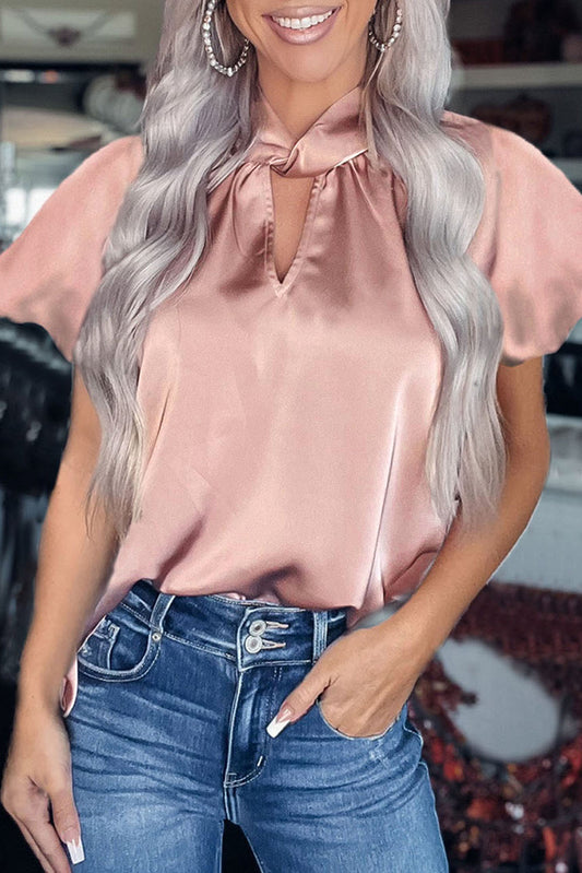 Twist High Neck Puff Sleeve Satin Blouse