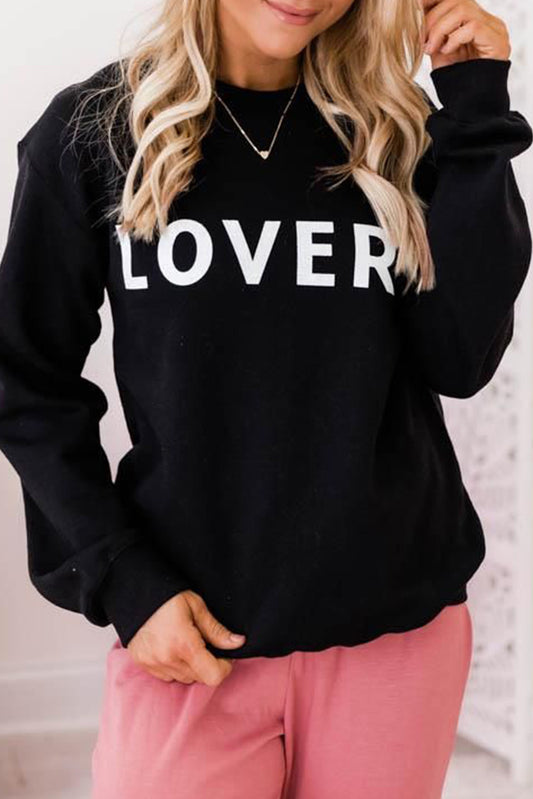 LOVER Letter Print Crew Neck Pullover Sweatshirt