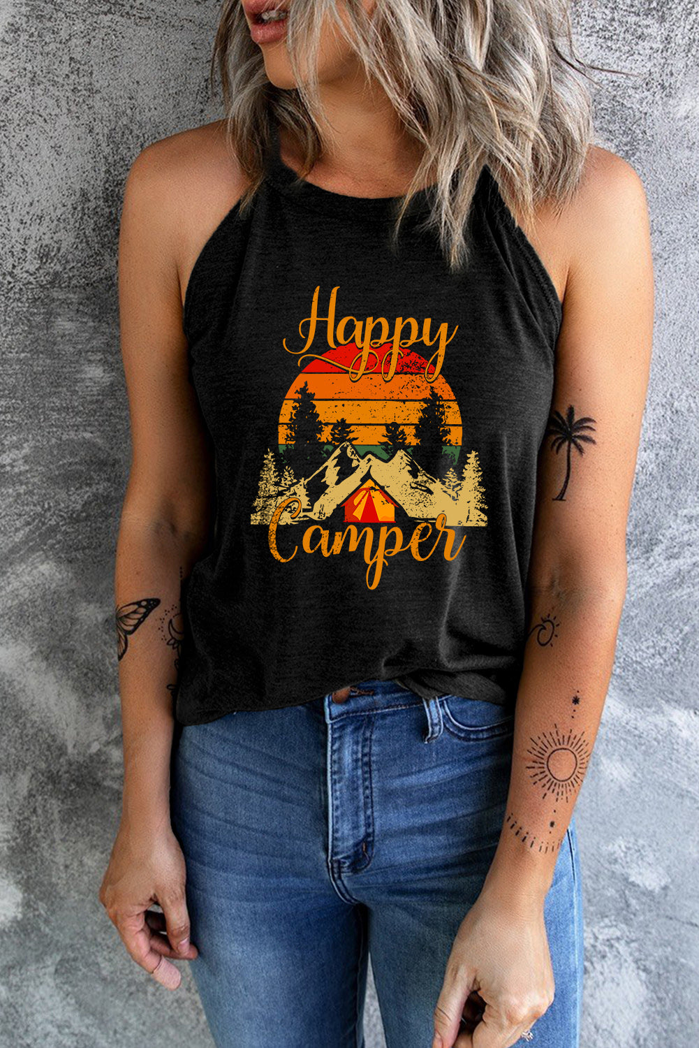 Happy Camper Pattern Printed Color Block Slim Fit Tank Top