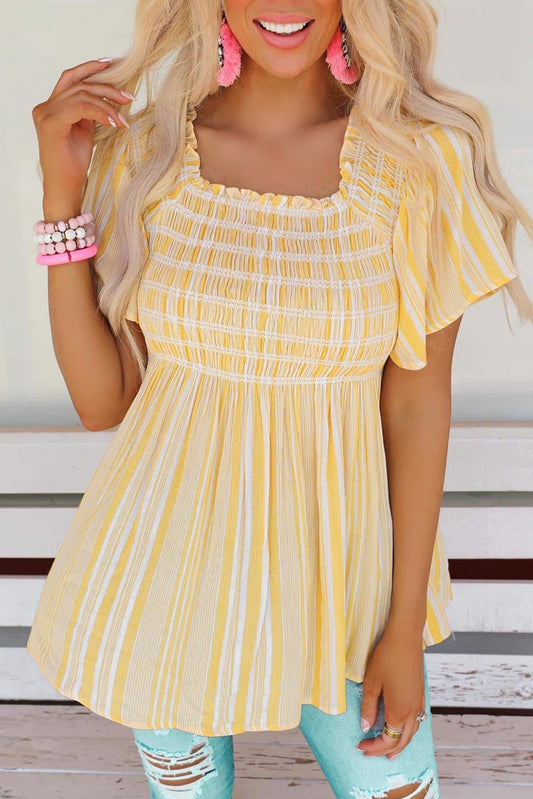 Striped Print Smocked Flowy Blouse