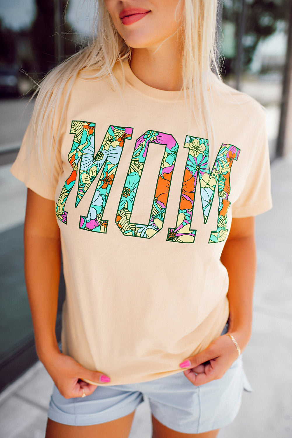 Khaki MOM Floral Letter Print T Shirt