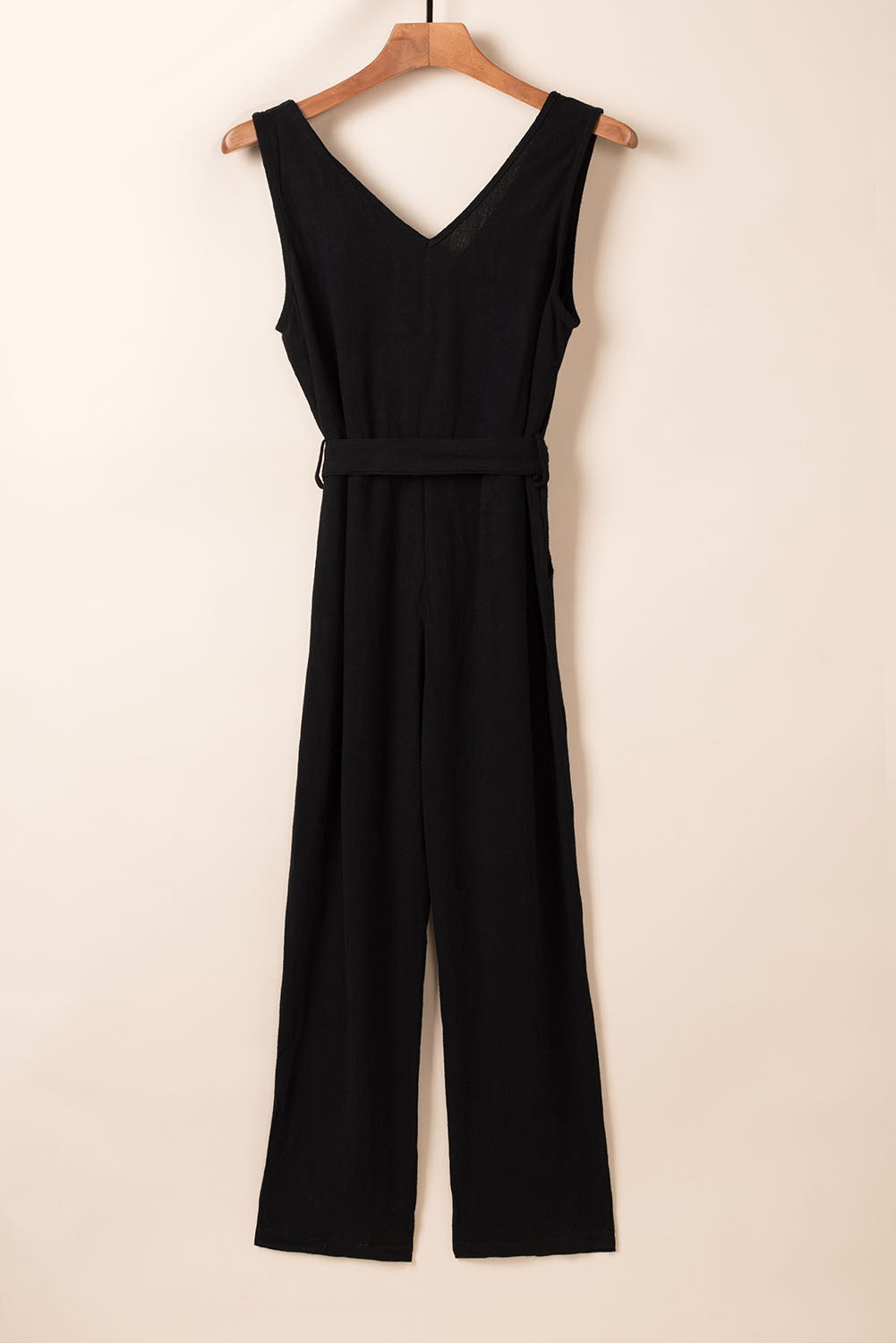 V Neck Button Belted Jumpsuit with Pockets