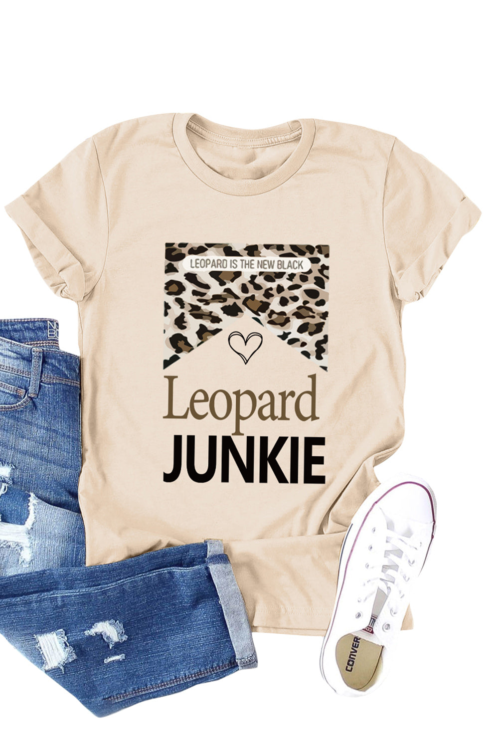 Khaki LEOPARD JUNKIE Letter Heart Graphic Print T Shirt