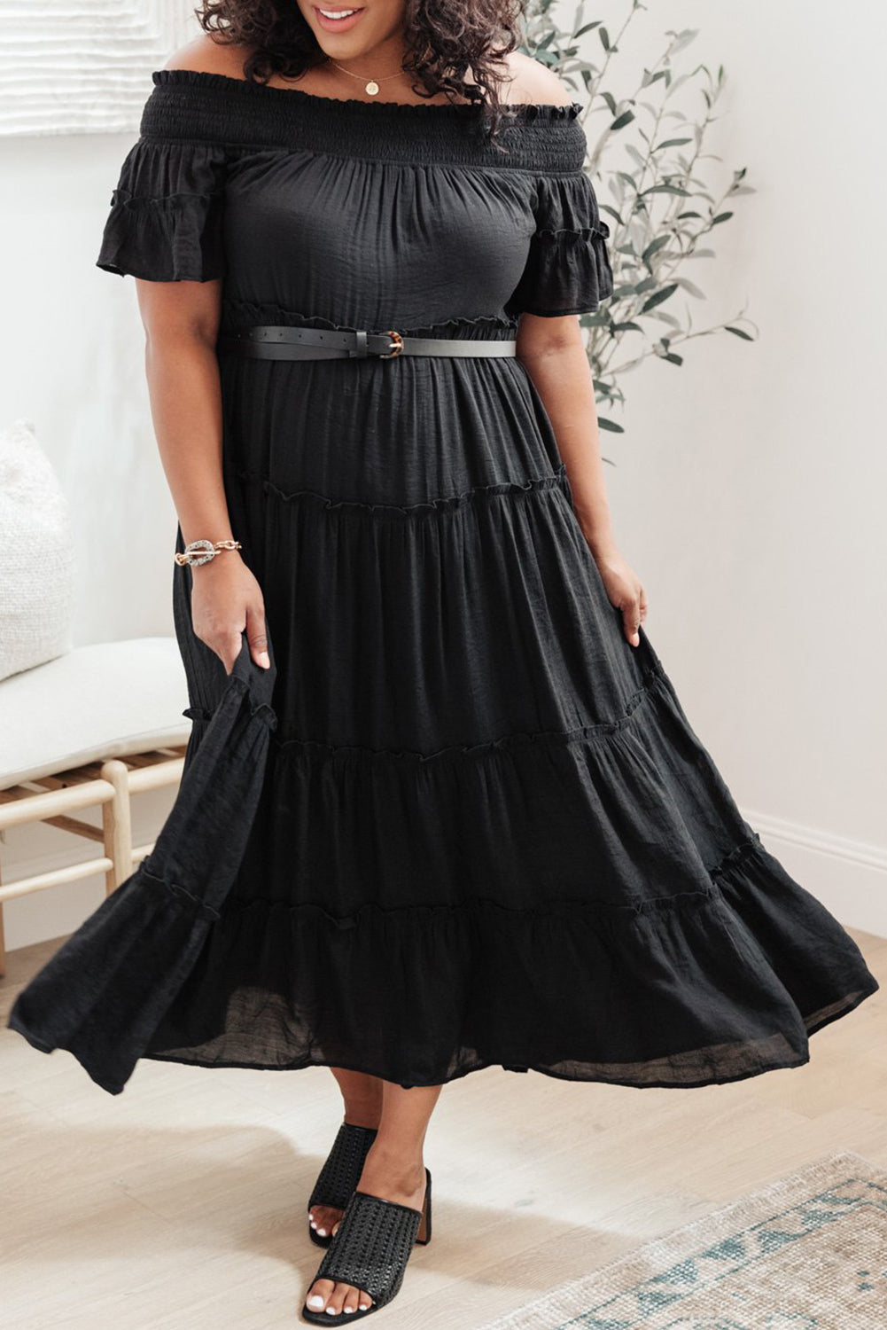 Plus Size Smocked Off Shoulder Frill Tiered Maxi Dress